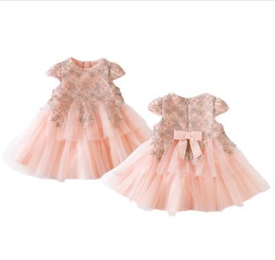 China 2022 Cute Infant Baby Toddler Girls Mesh Zipper Bow 2-12 Sleeve Party Embroidery Wedding Birthday Floral Anti-Static Short O-Neck Infant Dress for sale