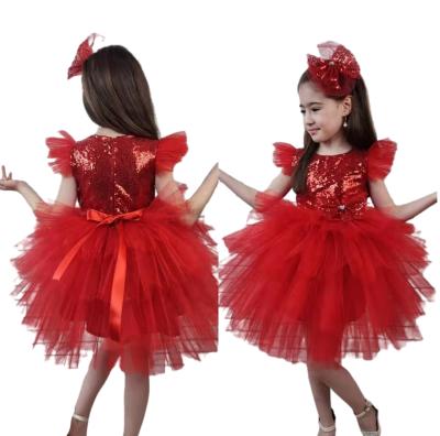 China Wholesale New Children Girls Cap Sleeve Girls Princess Birthday Kids Spring Sequined Flower Bow Knot Wedding Tutu Layers Summer Peplum Dress for sale