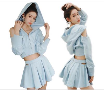 China Nylon Spandex Jogging Stretch Women's Anti-Wrinkle Gym Sports Knitted Sweaters Full Zip 2 Piece Fleece Hoodie Casual Solid Short Skirt for sale