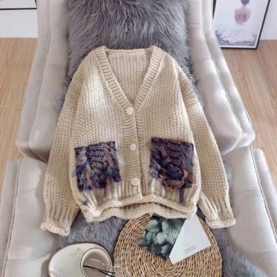 China Anti-wrinkle Woman Color Block Button Front Cardigan Wit Knitted Sweater Custom Wool Loose Single Breasted Knitted Jacket for sale