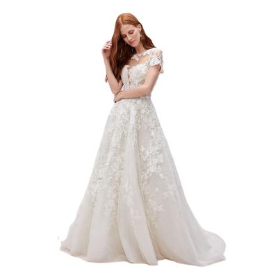 China Dry Cleaning O-Neck Cut Back Floor Length Back Short Sleeve Embroidery Dress Bridal Gown Elegance Dress for sale