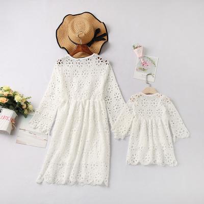 China White Ruffles Mommy And Me Three Quarter Sleeve Lace Kids Breathable Summer Wholesale Clothing Dresses for sale