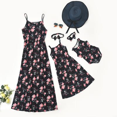 China 2022 new arrival summer breathable family matching mommy and me suspender floral dress baby parents couple clothes outfit for sale