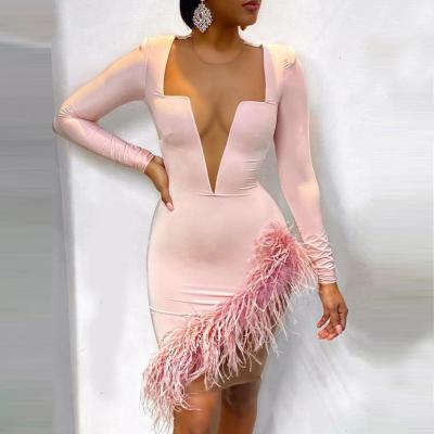 China F2266 Anti-wrinkle Pink Feather Mesh Cut Out Bandage Long Sleeve Holiday Bandage Dress for sale