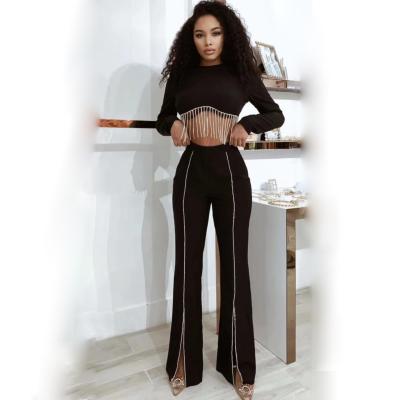 China F2372 Fashion Anti-Static Chic Women Bandage 2 Piece Main Set With Rhinestones Black Autumn Women Bandage Pants for sale