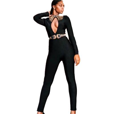 China Yushang Anti-Static Clothing Black Long Sleeve Bandage Beaded Overalls Gold Belt Bodycon Bandage Tight Pants F1612 for sale