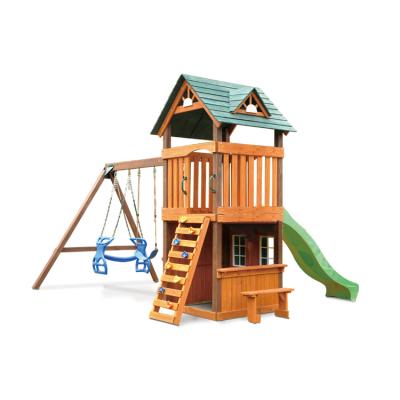 China Sturdy Construction Kids Play Wooden Sets Luxury Solid Fir Wood Playhouses With Slide for sale