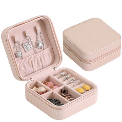 China Soft Pink Plush Velvet Travel Viable Organizer Jewelry Box Small PU Leather Jewelry Case For Women Girl for sale