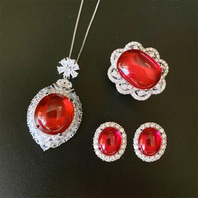 China New Vintage Retro Denier Shaped Pigeon Treasure Plain Blood Red Face Full Diamond Inlaid Ring Earring Pendant Set Key Stone for sale