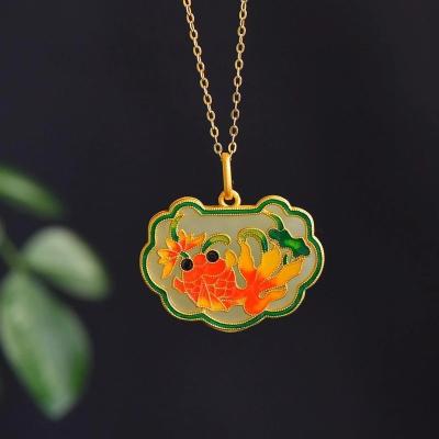 China Other Antique Gold Art Inlaid Chinese Style Natural Pendant Light Luxury Ladies Necklace Goldfish Jade Hetian Silver Jewelry for sale