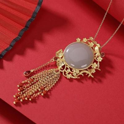 China Other New New Gold Original Antique Art Inlaid Round Hetian Jade Tassel Necklace Pendant Elegant Fashion Jewelry for sale