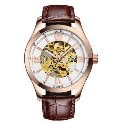 China Water Resistant Factory OEM Brand Logo Skeleton Tourbillon Automatic Mechanical Watch Men Genuine Leather Watches for sale