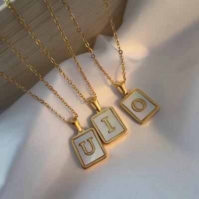 China FASHIONABLE Square Cowrie Women Gold Plated White A-Z Alphabet Initial Letter Pendant Shell Initial Necklace for sale