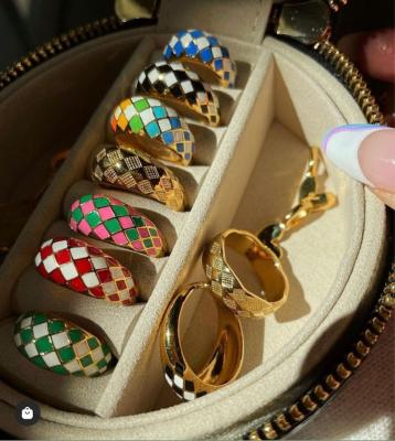 China Retro Classic Finger Chunky Enamel Rings Vintage Checkerboard Grid Gold Thin Stainless Steel Stainless Steel Mens Womens Mens Ladies CLASSIC for sale