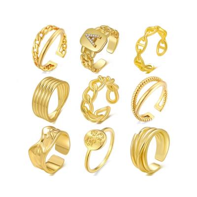 China Hot Sale Hiphop Real Gold Plated 18k Rhinestone Link Chain Cuban Finger Open Ring Sets Diamond Crystal Women Adjustable Chunky Rings for sale