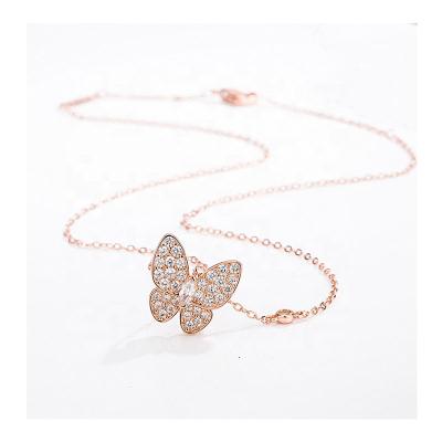 China 2022 Sterling Silver 925 Gold Butterfly Crystal Charm Pendant Necklace Lead Free Nickel Free Sparkling Zircon CZ Necklace Valentine's Gift for sale