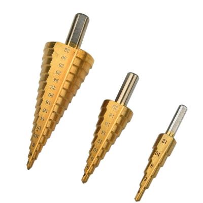 China Large Step HSS Drilling Metal Steel Taper Drill Titanium Coated Metal Cutting Tool Set 4-12/20/32mm Hole Cutter for sale