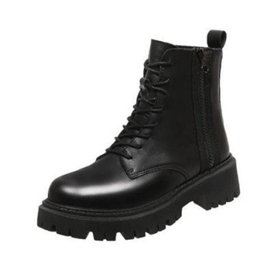 China Round 2023 New in Stock Boots Martins Black Handsome Short Boots PU Front Lace-up Round Toe Low Heel Thick Single Boots for sale