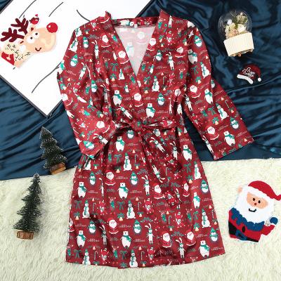 China SD2003 New Light Satin Sleepwear Robe QUICK DRY Half Sleeve Satin Maxi Robe Printed Christmas Santa Claus and Snowman Robe for sale