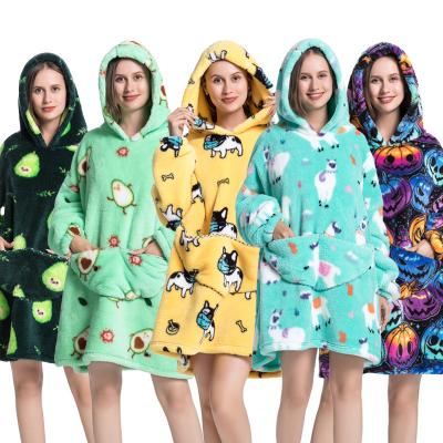 China 2022 Wearable New Hooded Adult Printed TV Flannel Sweatshirt Cover Cute Adult Wearable Hoodie Oversize Hoodie Blanket for sale