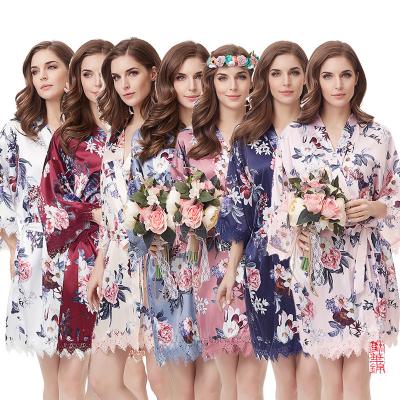 China WITHOME19 QUICK DRY plus size floral matte satin flower silk printed bridesmaid dresses wedding dressing gown bridesmaid long lace robe for sale