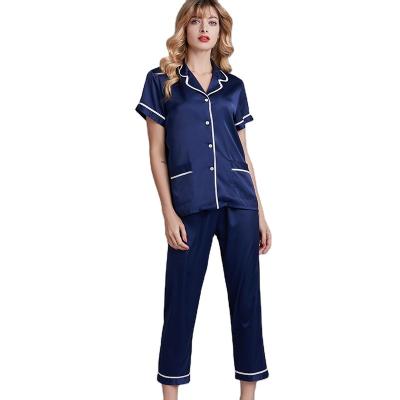 China 2022 New Women QUICK DRY Silk Pajamas Set Satin Color Pajamas With White Trim Loungwear For Lady V-neck Pajamas Pants for sale