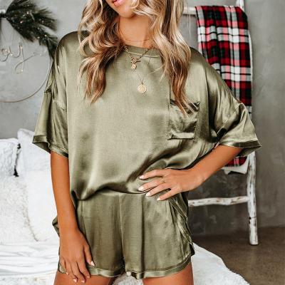 China New spring pop satin summer crew neck solid color silk QUICK DRY short sleeves shorts homewear set pajamas women loungewear for sale