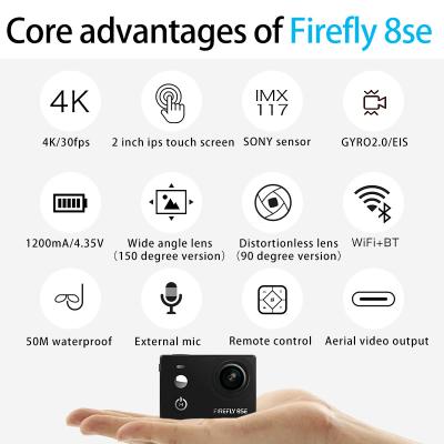 China New products 8se 12MP Hawkeye real Hd hot firelfy water proof 4K action camera with 2.0 inch touch screen EIS VCR for sale