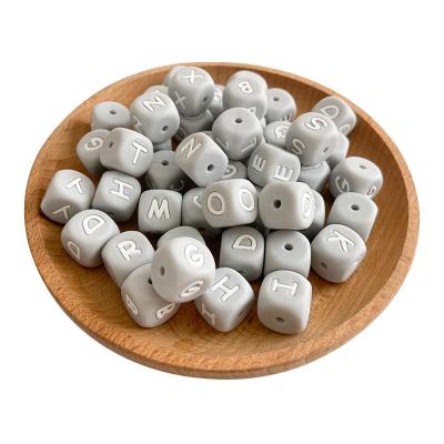 China Soft Toy In Stock 12mm Gray Silicone Alphabet Beads Baby Teething English Letter Silicone Beads For Bracelet Pacifier for sale