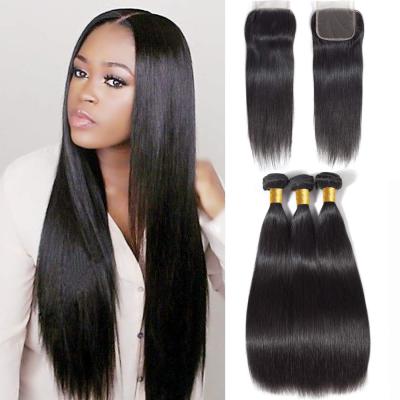 China Soft/Silky/Can Be Dyed/Curled/Styled As You Like YBR Brazilian Straight Hair With 4X4 Closure 100% Unprocessed Brazilian Virgin Hair With Closure 3 Hair Bundles for sale