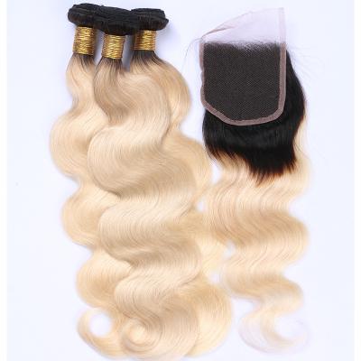 China Body Wave Best Selling Remy Virgin Brazilian Hair Grade 12 A 100% Blonde Body Wave 613 Ombre Human Hair Bread Weave With Closure for sale