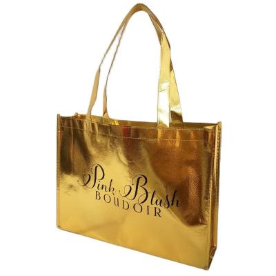 China Custom Gold Coated Recoverable Non Woven Shopping Bag Handled Smooth Coating Boutique Tote Bag for sale