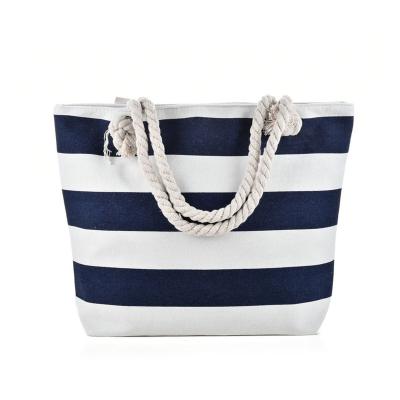 China Other Factory Durable Eco - Friendly China Blue White Striped Waterproof Rope Tote Canvas Beach Bag for sale