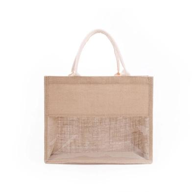 China Custom Eco Friendly Luxury Natural Tote Market Bag Grocery Wine Clear Window Jute Shopping Bag for sale