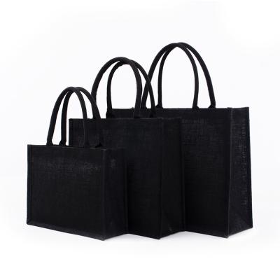 China Customized Handmade High Quality Durable Black Handled Grocery Bag Large Capacity Jute Burlap Carrier Logo Printed for sale