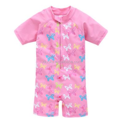 China Lovely Summer Popular Girls Beach Hot Jumpsuit Kids Half Long Sleeve Pink Butterfly Zipper Swimsuit for sale