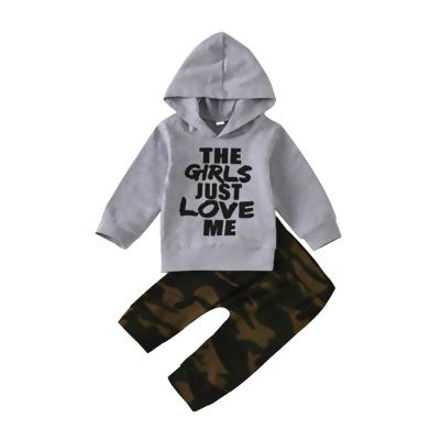 China Hot Sale Baby Boy Casual 2pcs Tracksuits Toddler Hooded Infant Clothes Newest Harem Set Style Camouflage Pants Outfits for sale