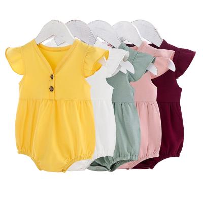 China Spandex / Organic Cotton Baby Rompers 2021 Solid Floating Sleeve Girls Romper Summer Rompers for sale