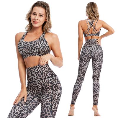 China Hot Selling Breathable Leopard Print Yoga Set Cross Backless Yoga Sports Bra For Women And Butt Lift Gaiters for sale