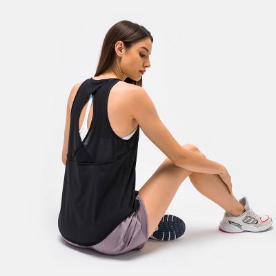 China Customized Women's Stitching Breathable O-Neck Logo Back Hollow Mesh Sleeveless Tank Top for sale