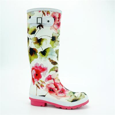 China Haltbare Knie-Längen-Gummistiefel, Blume Druckgarten-Gummiregen-Stiefel zu verkaufen