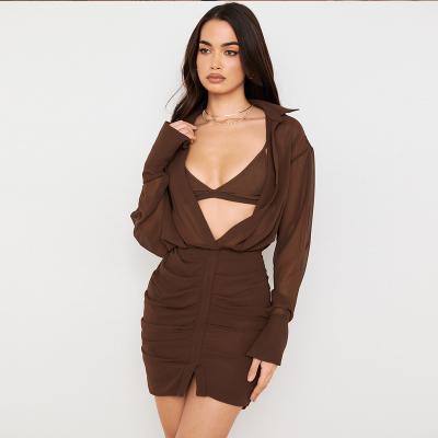 China Anti-Static Chiffon Daily Casual Women Clothing Hollow Out Slim Fit Mini Bodycon Lingerie Two Pcs Set Brown Sundresses for sale