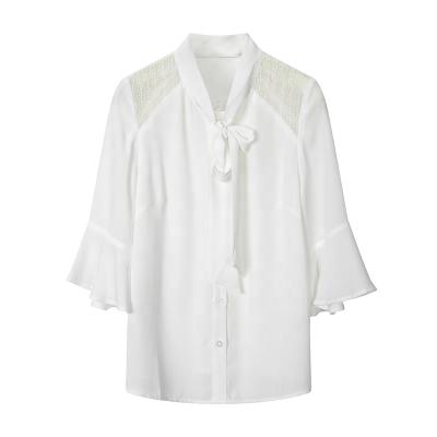 China Summer Anti Shrink Women White Plain Bell Sleeves Chiffon Splice Top Blouses for sale