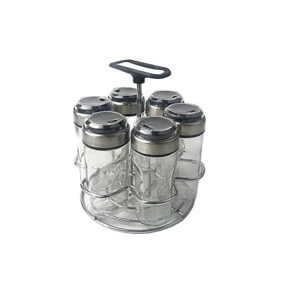 China Freshness Keeping Spice Rack Set Seasoning Pepper Sugar Cruet Stainless Steel Base Storage Salt Glass Bottle Set for sale