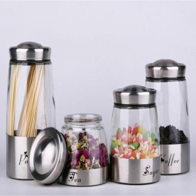 China Freshness Preservation Stainless Steel Covered Coffee Tea Sugar Canister Glass Jar for sale