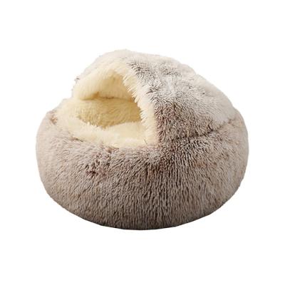 China Travel Faux Fur Cat Bed Round Soft Plush Digging Cave Hooded Cat Bed for Dogs and Cats for sale