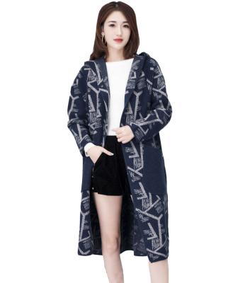 China Anti-wrinkle women's autumn and winter clothing coat fashion knitted hooded long coat printed ladies knitted coat for sale