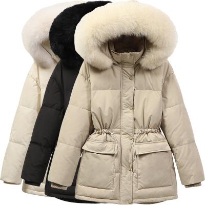 China New breathable large fur collar down jacket ladies short waist white duck down jacket winter warm style for sale