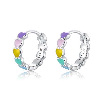 China Women's Tiny Circle Hoop Earrings Solid Colorful Rainbow Heart Design Enamel 925 Sterling Silver Earrings For Girls for sale