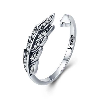 China CLASSIC Luxury High Quality Ladies Rings Feather Design Zircon Ring Jewelry 925 Sterling Silver Opening Adjustable Rings For Women for sale